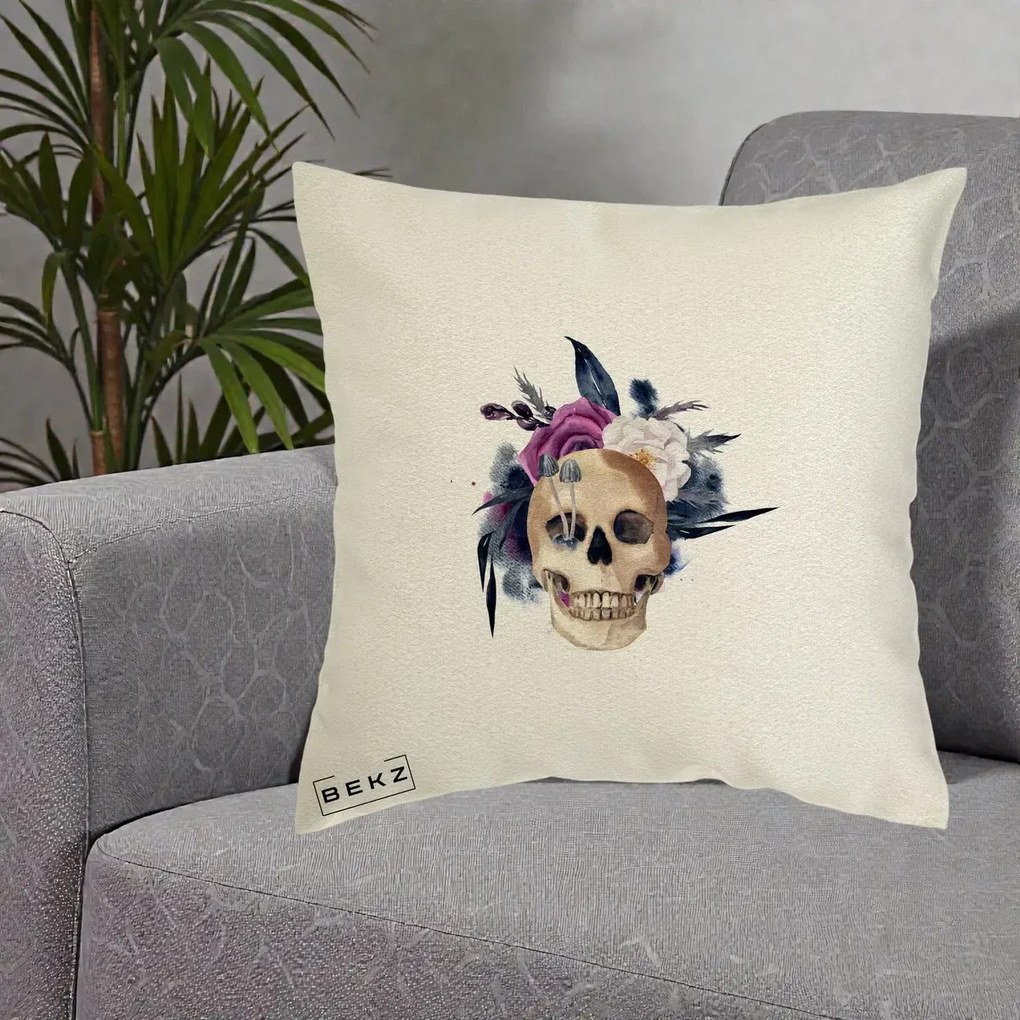 Perna Decorativa Craniu Floral cu Trandafiri si Ciuperci, 40x40 cm, Ecru, Husa Detasabila, Perna Inclusa, BEKZ®
