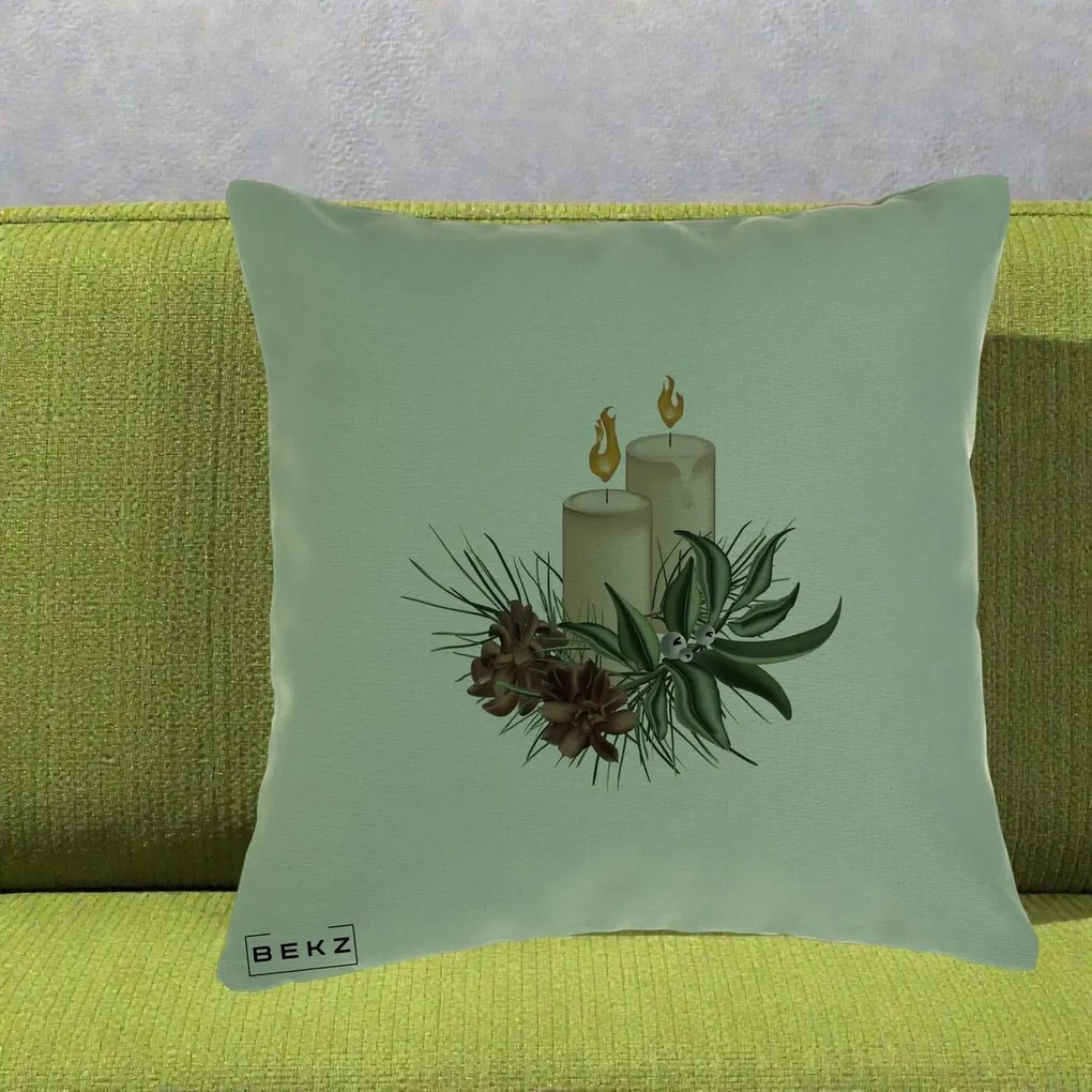 Perna Decorativa Lumanari cu Ilex si Conuri Ilustratie, 40x40 cm, Verde, Husa Detasabila, Perna Inclusa, BEKZ®
