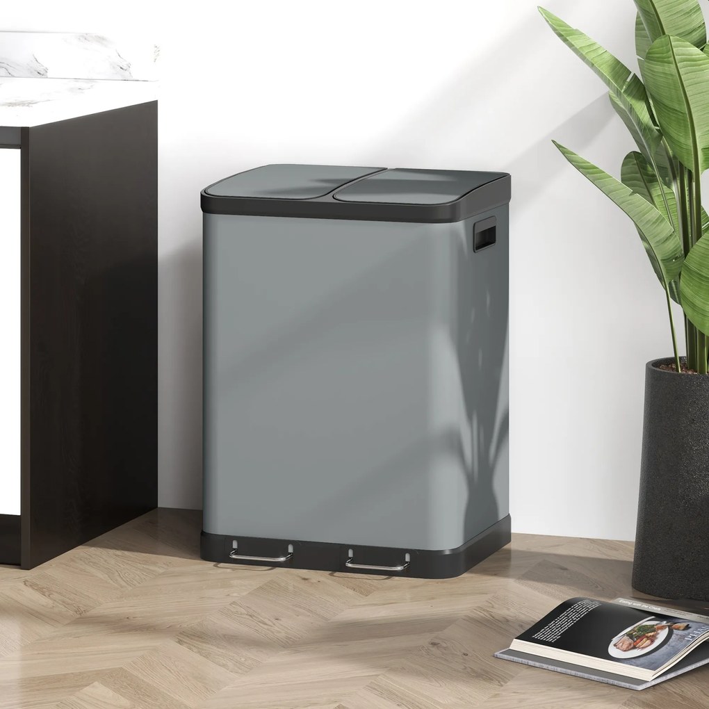 HOMCOM Coș de gunoi dublu, 2 x 30L, rezistent la amprente, Pedală, tăvi interioare detașabile, Gri | Aosom Romania