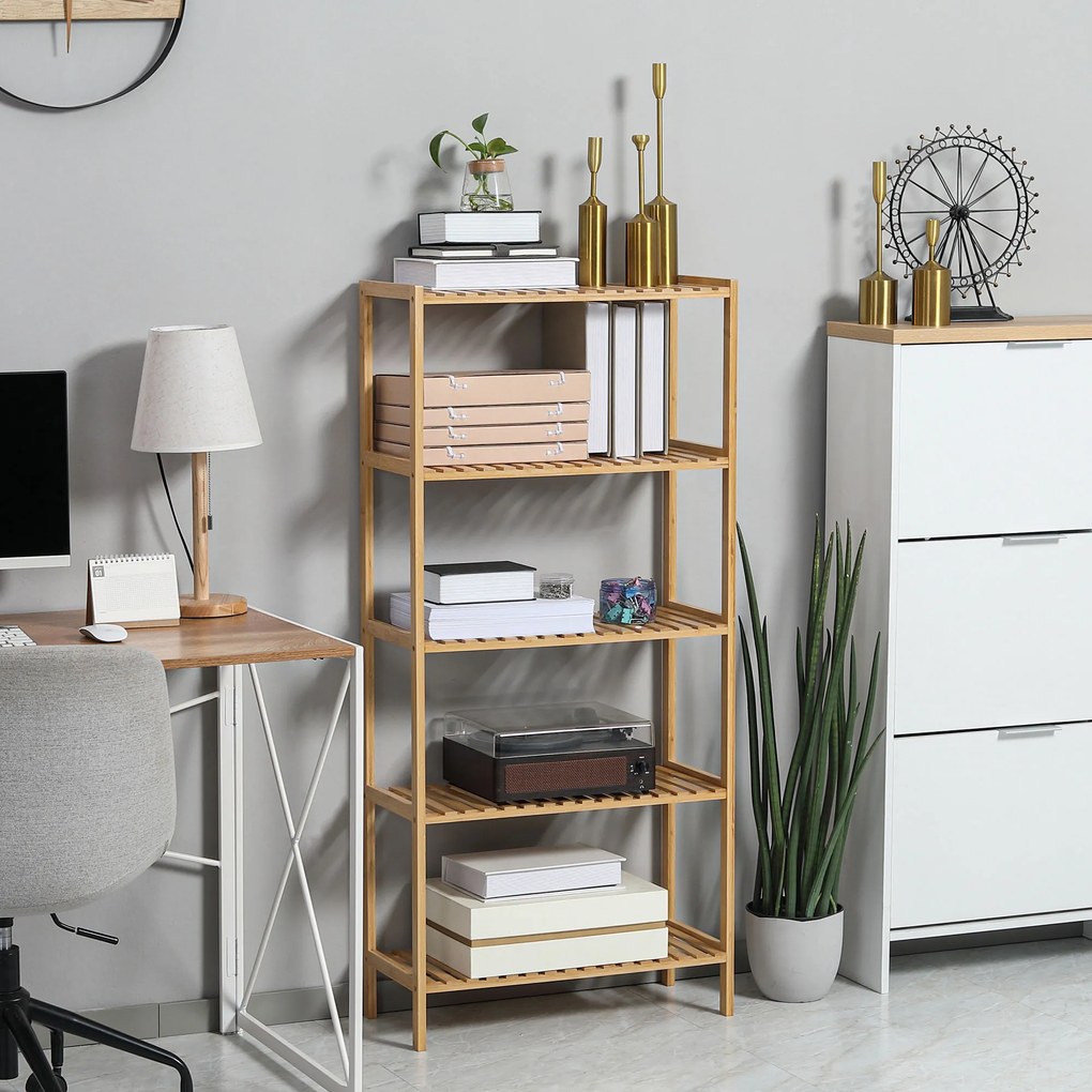 HOMCOM Raft de depozitare din bambus cu 5 nivele, bibliotecă pentru sufragerie, dormitor și birou, 60 x 26 x 130 cm, lemn natural | Aosom Romania