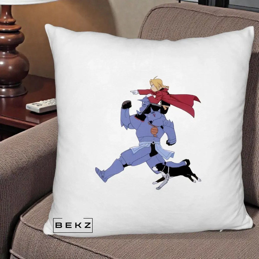 Perna Personalizata Fullmetal Alchemist Edward si Alphonse, 40x40 cm, Alb Pufos, Husa Detasabila, Perna Inclusa, BEKZ®