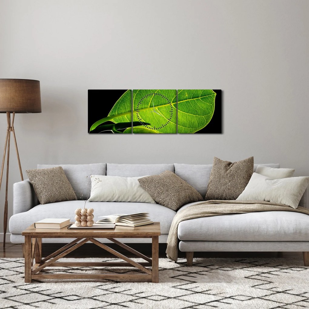 Tablou - frunză verde (cu ceas) (90x30 cm)