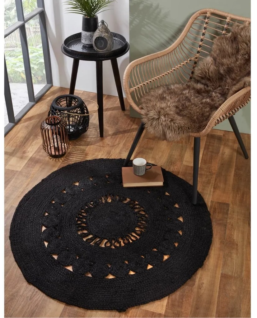 Covor rotund din iuta MAYA 100 cm, negru