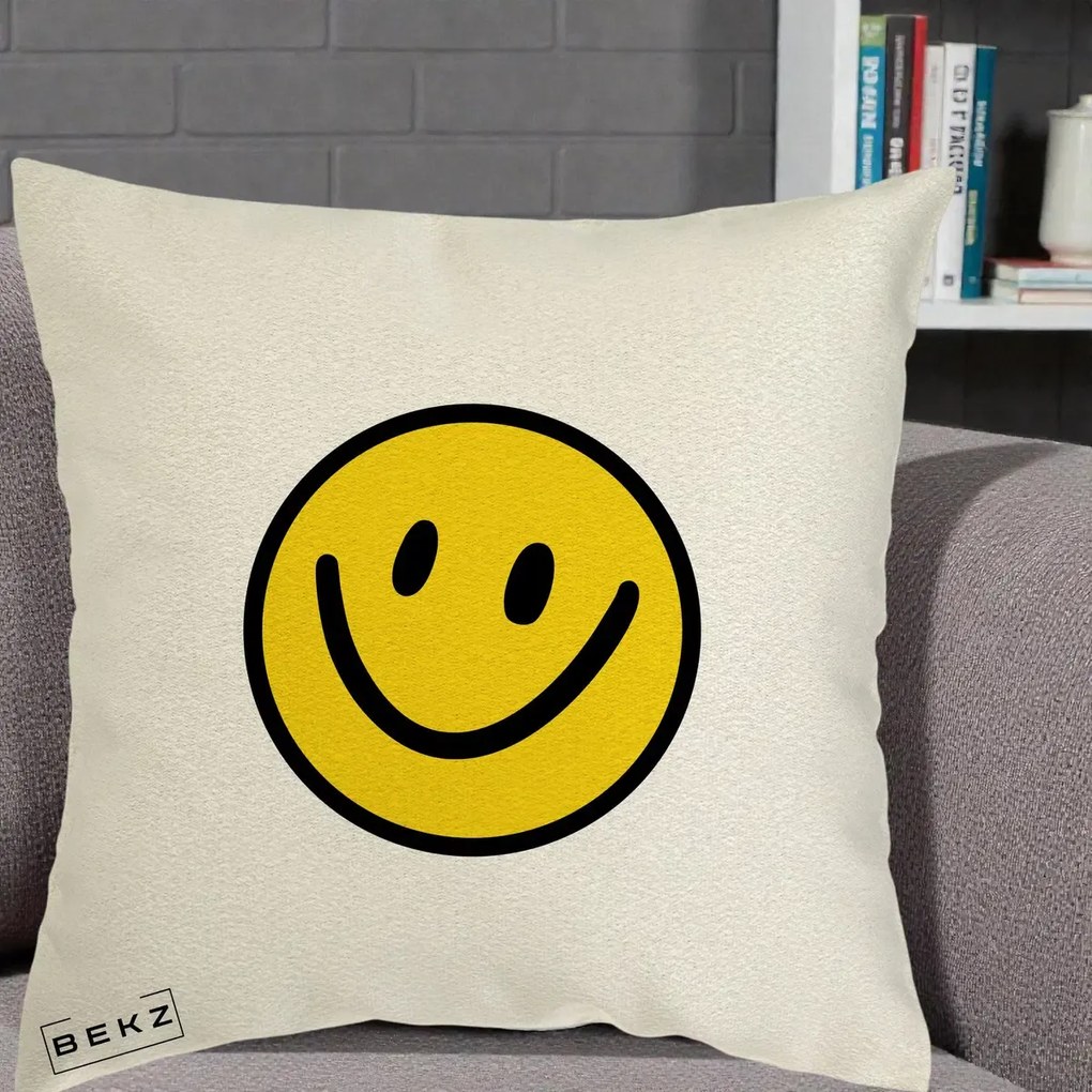 Perna Decorativa Smiley Face Galben Clasic, 40x40 cm, Ecru, Husa Detasabila, Perna Inclusa, BEKZ®