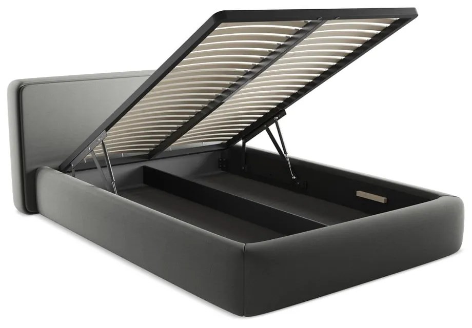 Pat matrimonial gri tapițat cu spațiu de depozitare cu somieră 140x200 cm Kiana – Makamii