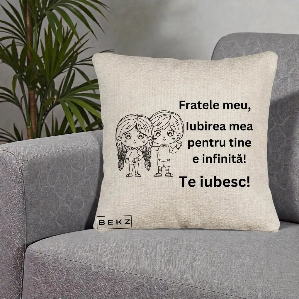 Cadou pentru Frate - Perna Personalizata Fratele Meu Te Iubesc Copii Anime Line Art Negru, 40x40 cm, Bej Canapea, Husa Detasabila, Perna Inclusa, BEKZ®