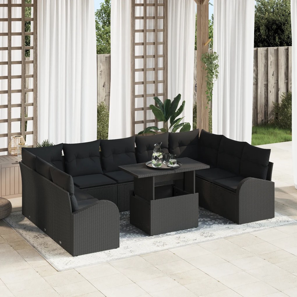vidaXL Set de canapea pentru grădină , 10 piese, cu perne din ratan negru și poliester