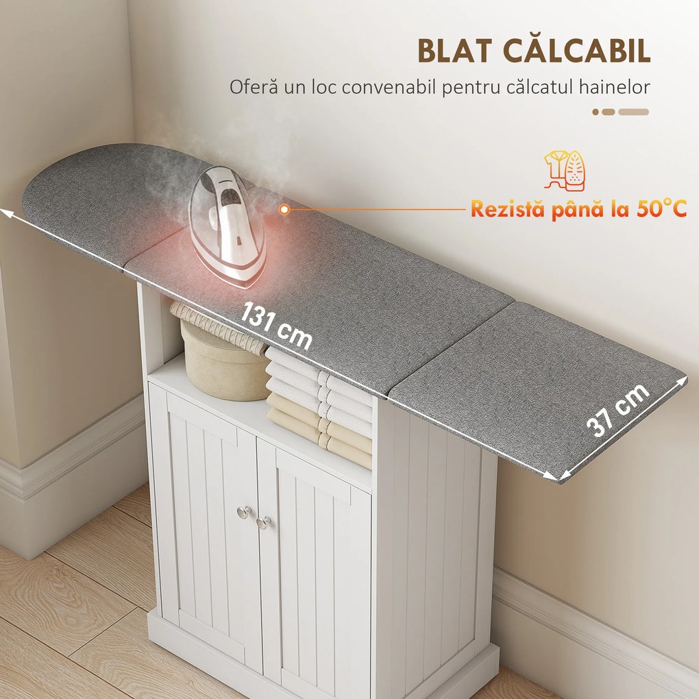 HOMCOM Masă de călcat cu suprafață pliabilă și dulap pentru depozitare, 131x37x88.5 cm, alb | Aosom Romania