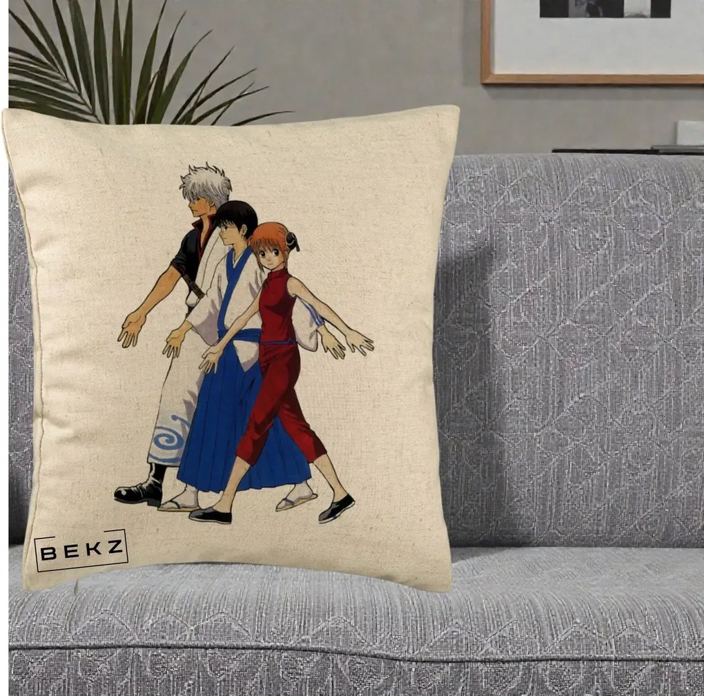 Perna Personalizata Gintama Trio Gintoki Shinpachi Kagura, 40x40 cm, Bej, Husa Detasabila, Perna Inclusa, BEKZ®
