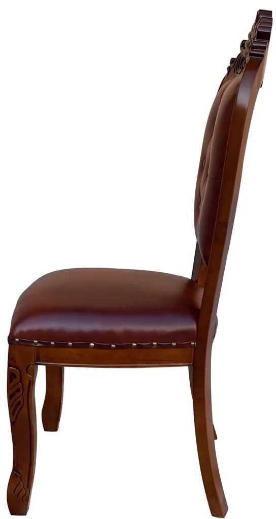 Scaun dining stil clasic, din lemn masiv, maro, tapițerie piele ecologică maro