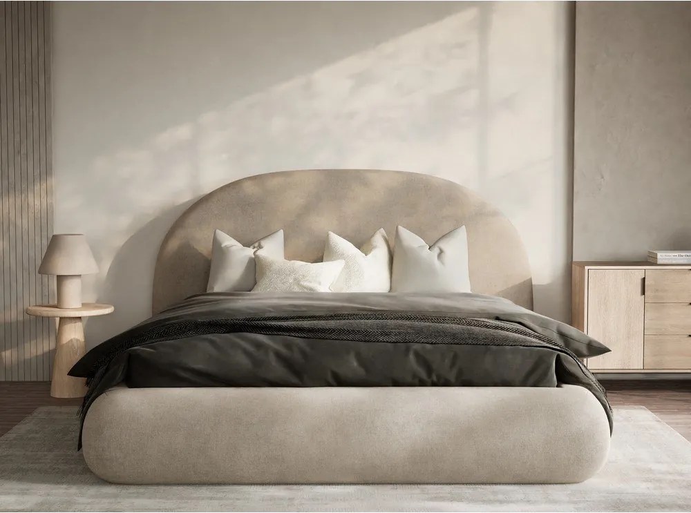 Pat matrimonial bej tapițat cu spațiu de depozitare cu somieră 180x200 cm Maumere – Maison de Rêve