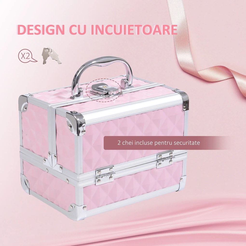 HOMCOM Trusa Machiaj  Profesionala, Beauty Case pentru Make Up cu Profile din Aluminiu, Maner si Tava in Consola, 20x15x15cm, Roz | Aosom Romania