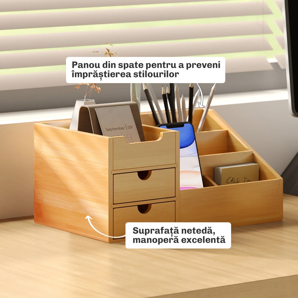 HOMCOM Organizator Birou cu 2 Sertare și 7 Compartimente din Bambus 33x20.5x15.5 cm | Aosom Romania