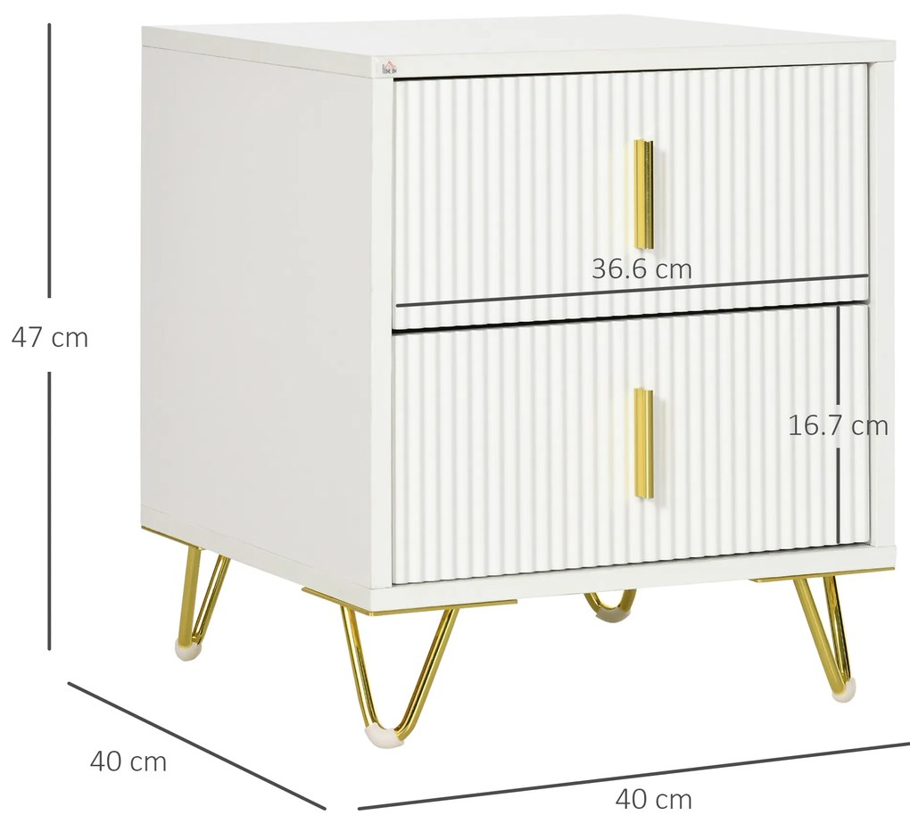 HOMCOM Noptieră cu 2 Sertare cu Mânere și Picioare Metalice Alb și Aur | Aosom Romania