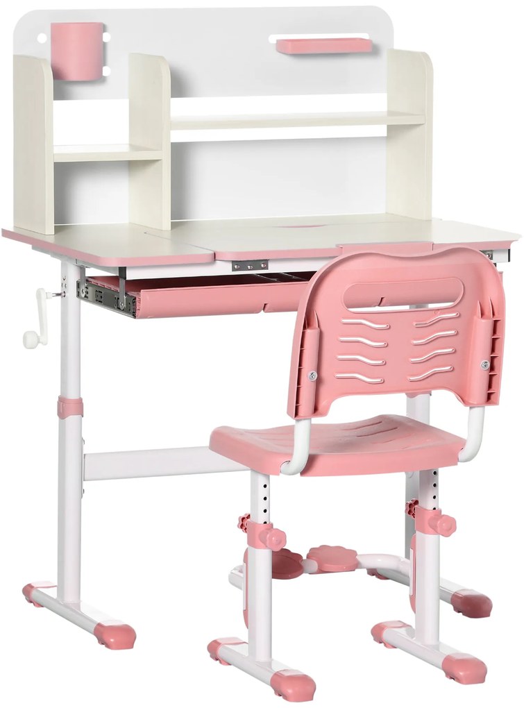HOMCOM Set de Birou și Scaun pentru Copii de la 3 Ani Reglabil, Masă Inclinabilă 60° cu Sertar și Rafturi, Roz | Aosom Romania