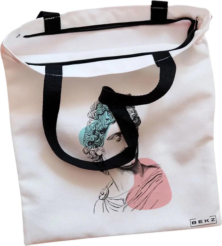 Sacosa de Panza pentru Cumparaturi, Geanta Tote, model Modern Classic Statue, Cu fermoar, 38x34.5 cm, Alba, BEKZ®