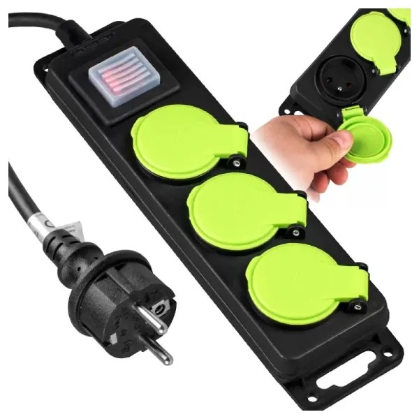 Prelungitor cu 3 prize și întrerupător, 5 m, IP44