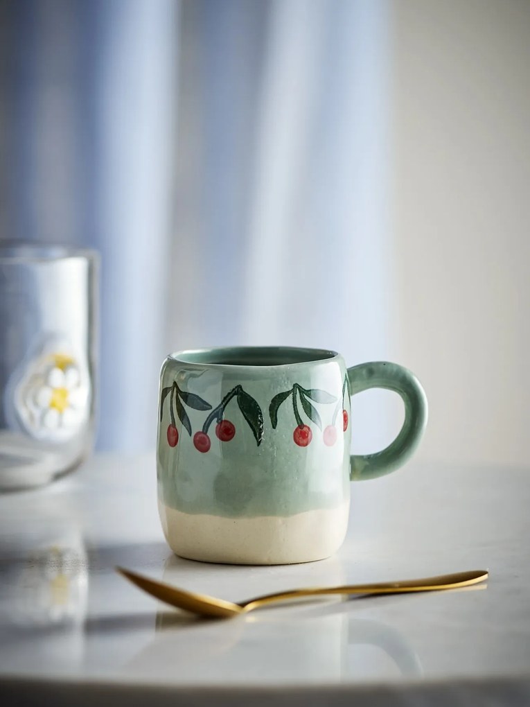 Cană din ceramică artizanală, natur, pictată manual cu cireșe, 6x7 cm, 110 ml, „Millie"