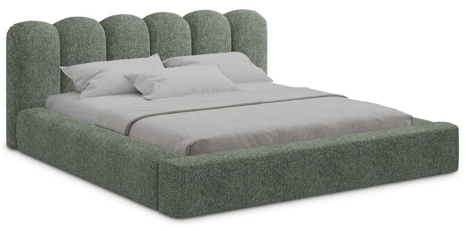 Pat matrimonial verde tapițat cu spațiu de depozitare cu somieră 180x200 cm Mano – Makamii