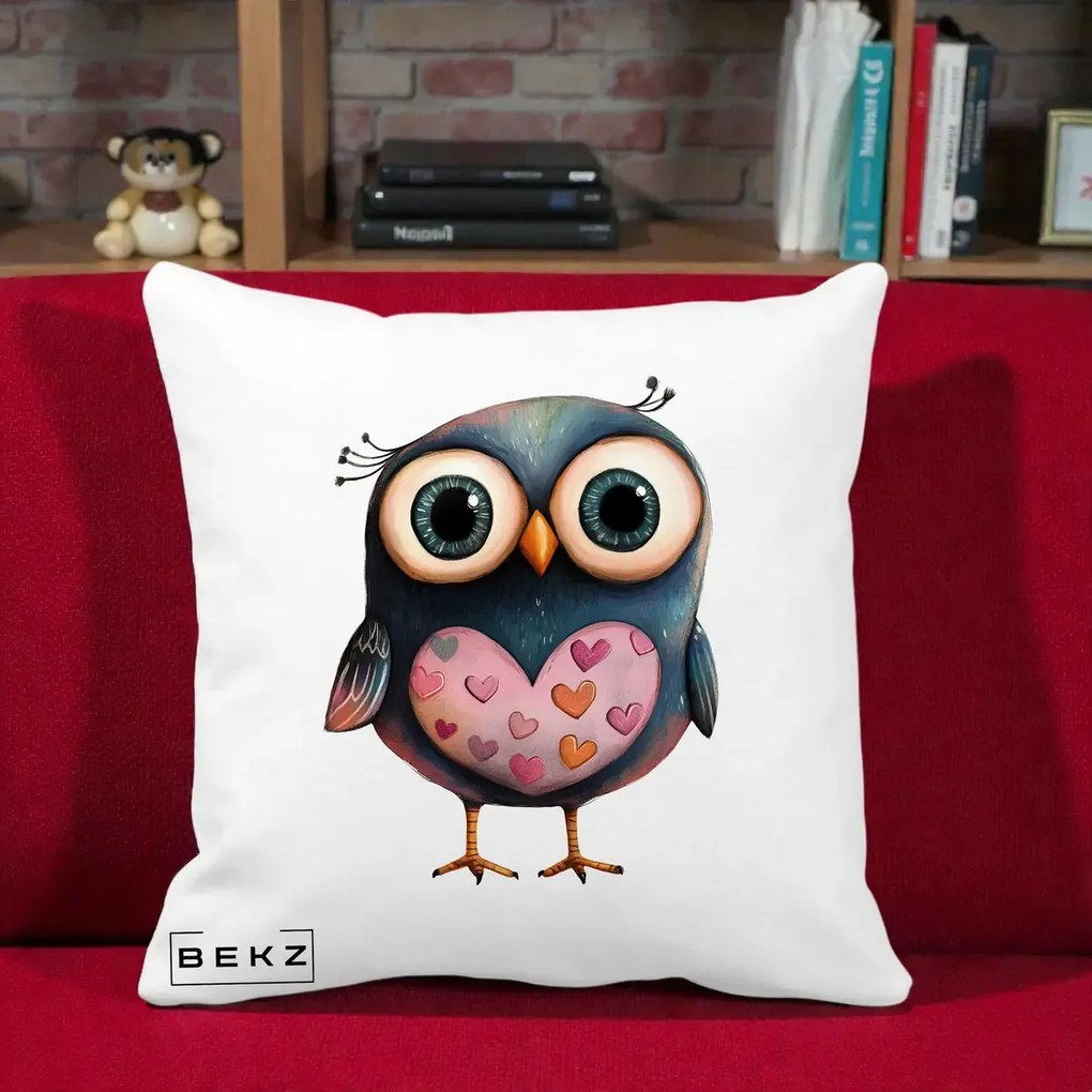 Perna Decorativa Bufnita cu Inimioare Roz, 40x40 cm, Alba Mata, Husa Detasabila, Perna Inclusa, BEKZ®