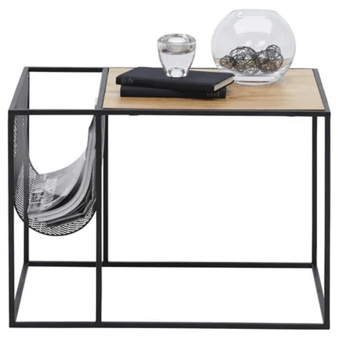 Masă laterală, din metal / MDF, negru / stejar, FLYN