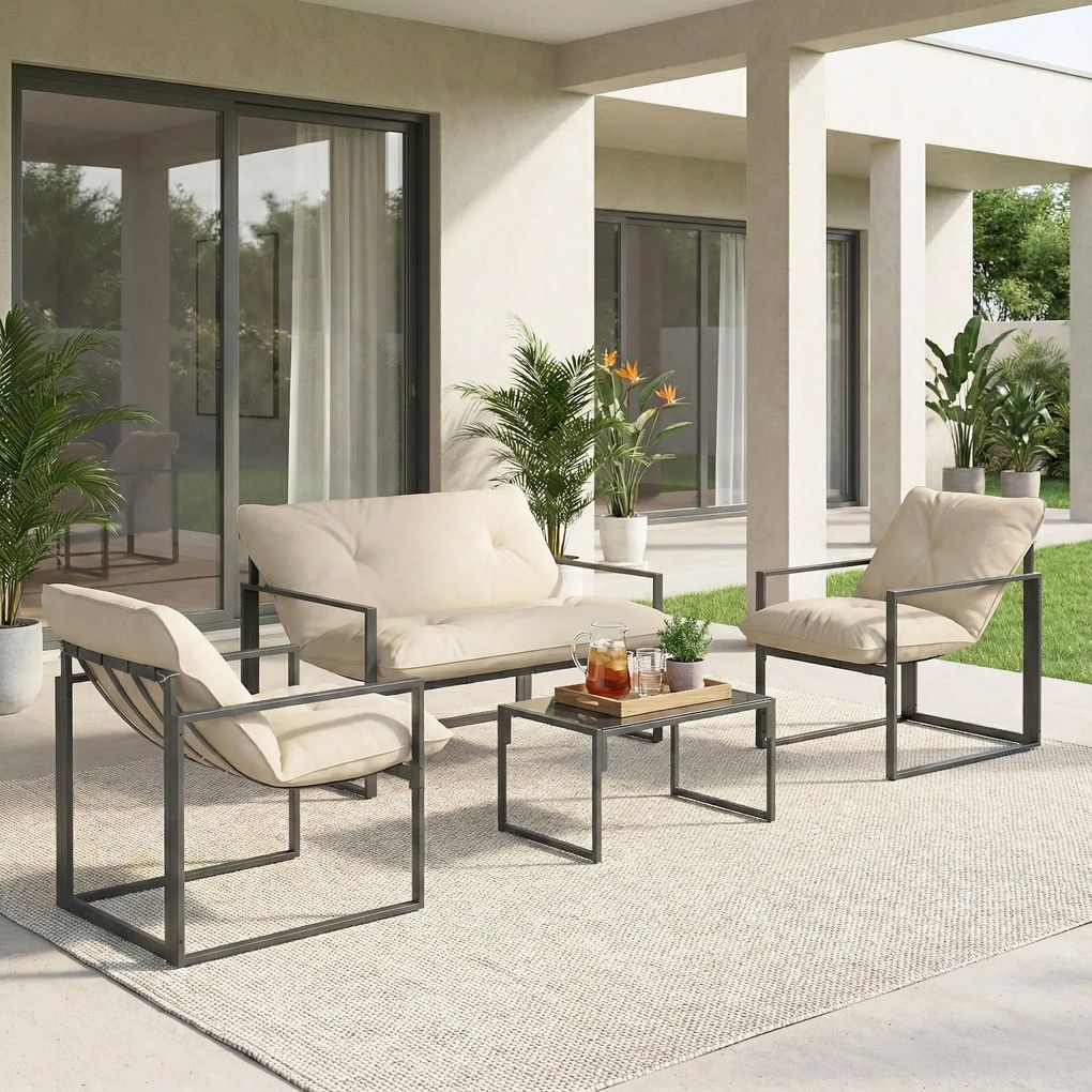 Outsunny Set Mobilier de Exterior cu Masă din Sticlă, Canapea, 2 Fotolii și Perne, Bej | Aosom Romania