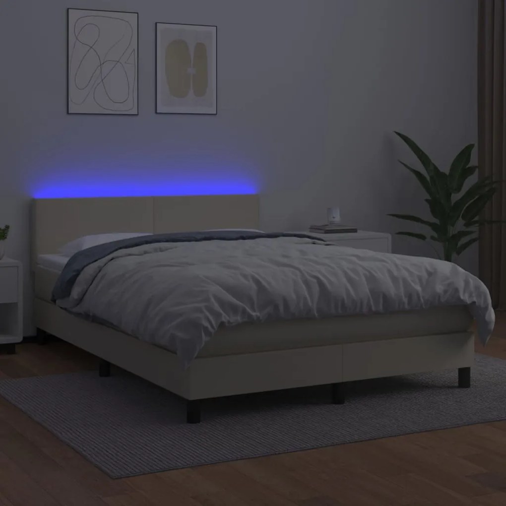 Pat cu arcuri, cu saltea  LED, crem, 140x190 cm, piele eco Crem, 140 x 190 cm, Design simplu