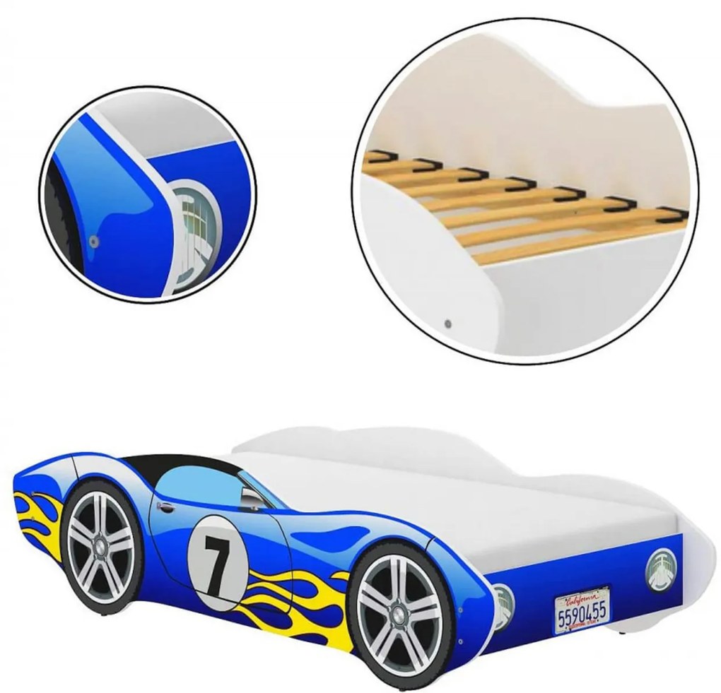 Pat tip masinuta pentru copii NOVOKIDS™ CORVETTE, 160x80 CM, Set cu Saltea din Spuma MATSEN® 10 CM Inclusa, Somiera Sistem FLEX, Cu Protectii
