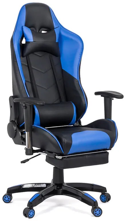 Scaun gaming albastru din piele sintetică cu suport picioare si spatar rabatabil OFF 306