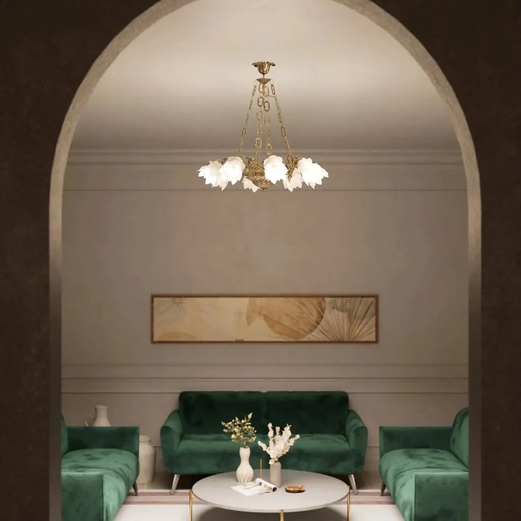 Candelabru 8 brate din alama cu abajur din sticla Putti