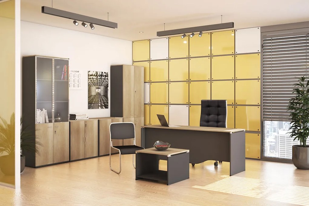 Biblioteca cu patru usi din lemn Lotus din stejar - culoare gri inchis 80x40,5x200cm