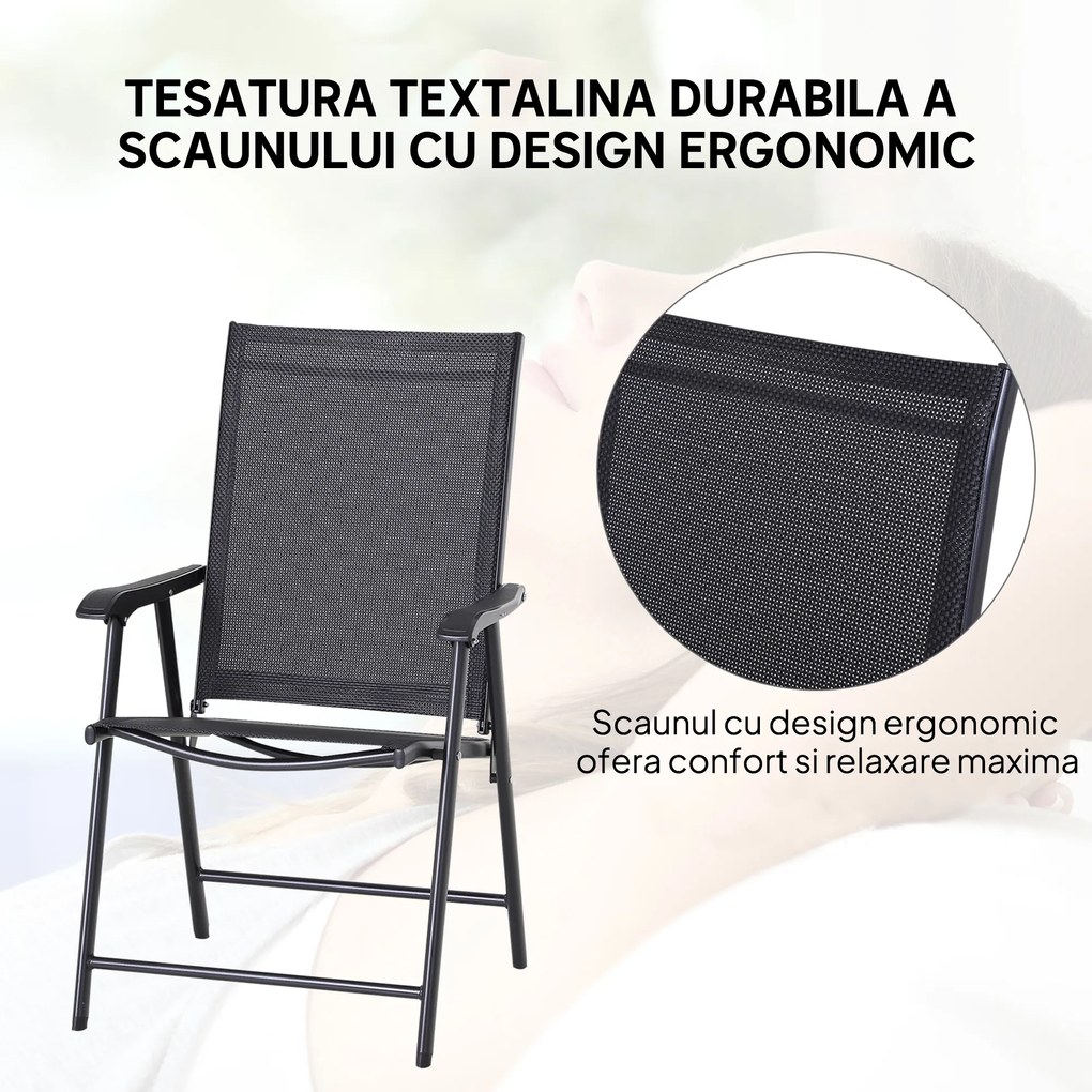 Outsunny Set 2 Scaune de Grădină Pliabile cu Brațe, Scaune pentru Prânz de Exterior din Metal și Texteline, pentru Terasă, Balcon, Curte, Interior și Exterior, 58x64x94cm, Negru | Aosom Romania