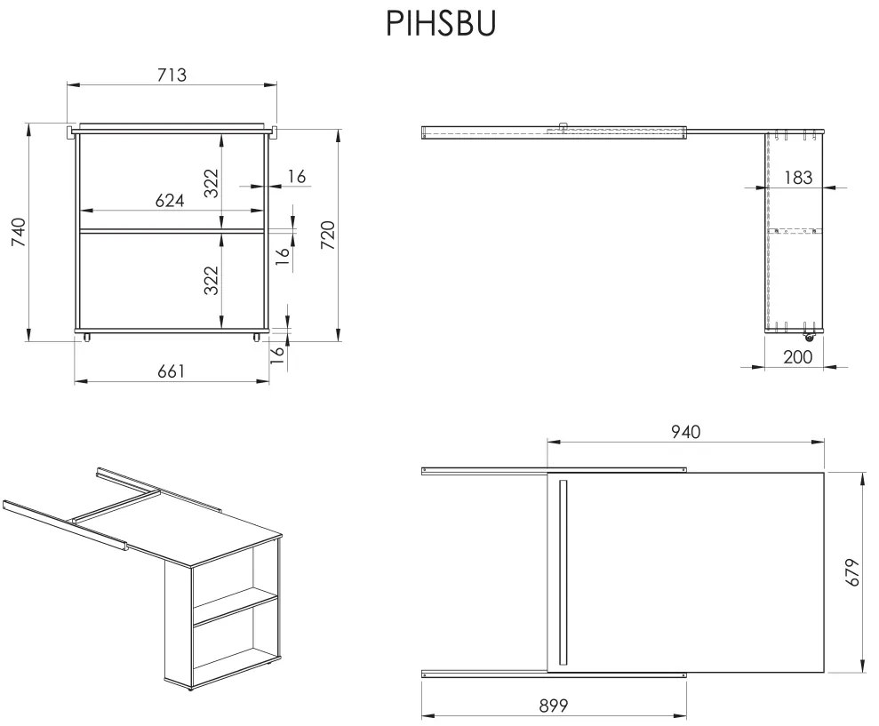 Birou compact pentru pat VIPACK Pino, dimensiuni 94 x 72 x 67,9 cm