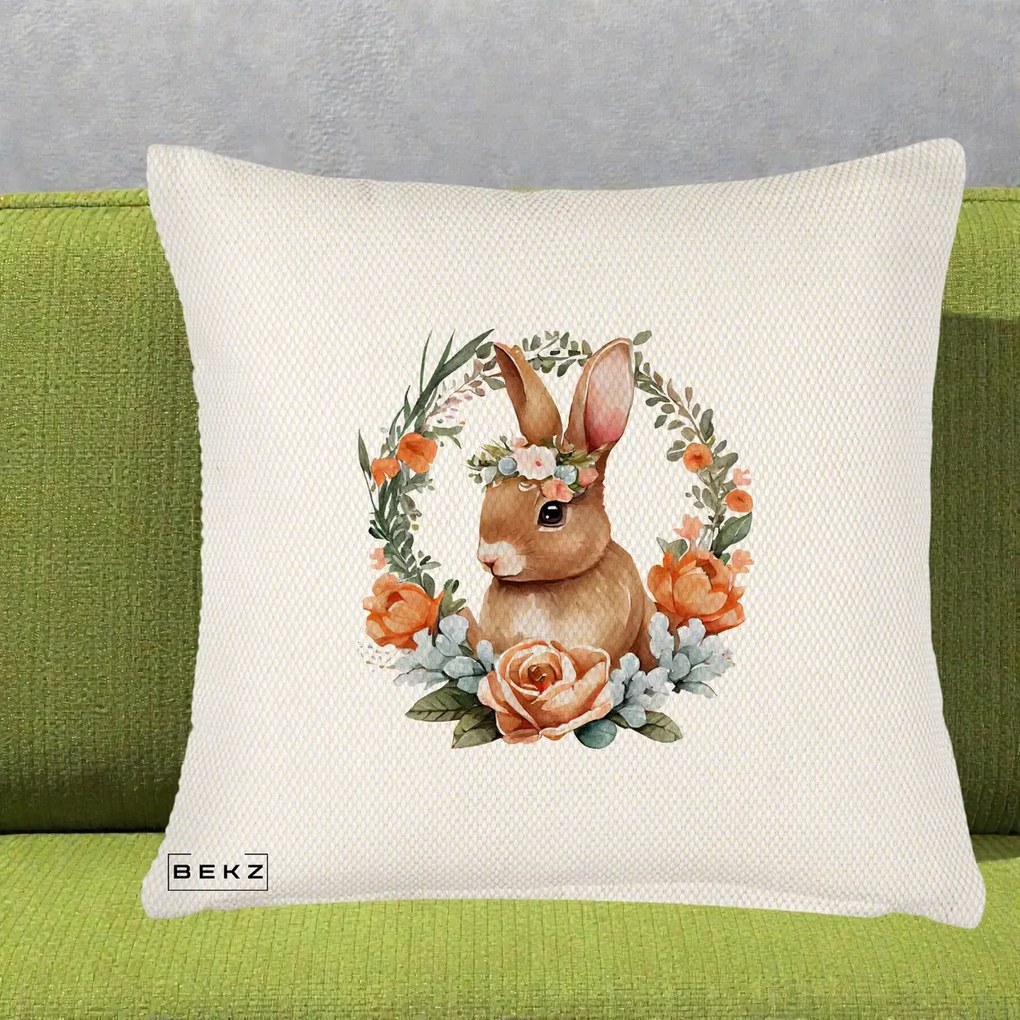 Perna Decorativa Iepuras Floral Coronita Acuarela, 40x40 cm, Crem Reliefat, Husa Detasabila, Perna Inclusa, BEKZ®