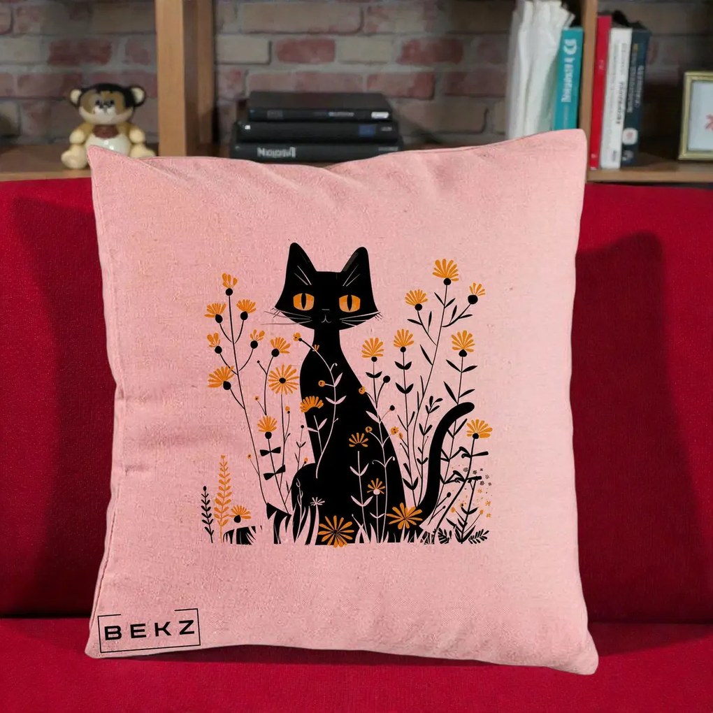 Perna Decorativa Pisica Neagra Ochi Galbeni Flori Galbene, 40x40 cm, Roz, Husa Detasabila, Perna Inclusa, BEKZ®
