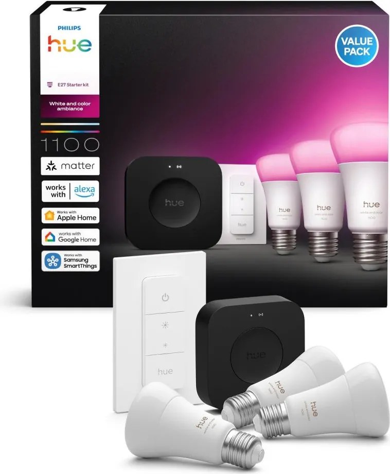 Kit de bază Philips Hue WACA 3xE27/8,1W 1000-20000K + bridge și întrerupător cu variator