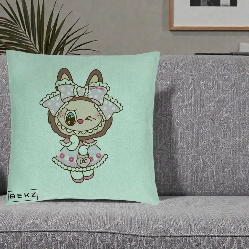 Perna Personalizata Labubu Lolita Roz cu Dantela, 40x40 cm, Verde Menta, Husa Detasabila, Perna Inclusa, BEKZ®