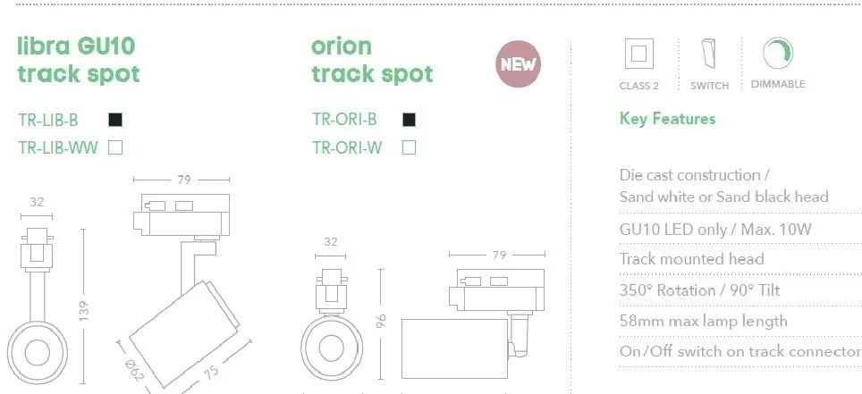 Spot directionabil pentru sina Track Project Collection, Orion alb