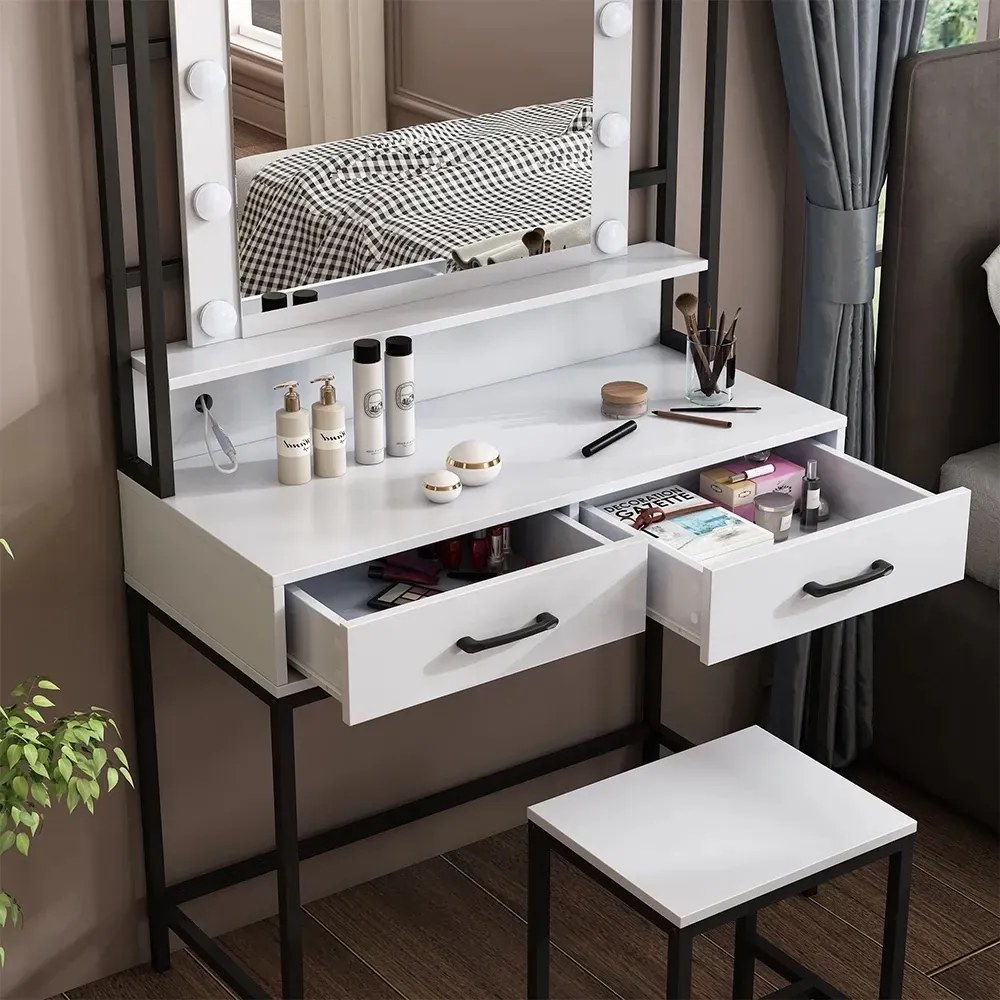 Masuta machiaj cu Oglinda LED si 2 Sertare pentru Cosmetice, Set Masa toaleta 90 cm, Alb, masuta cosmetica, vanity - SEA807