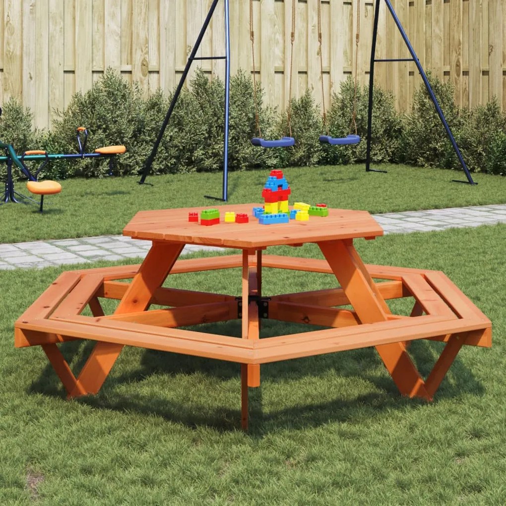 4008994 vidaXL Masă de picnic pentru 6 copii cu bănci lemn masiv brad, hexagon