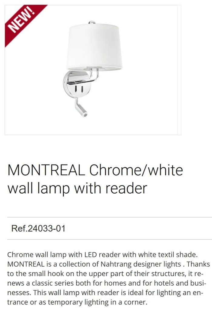 Aplica perete cu reader LED moderna design elegant MONTREAL crom/alb