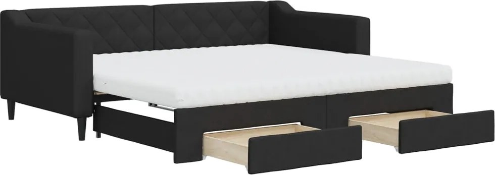 vidaXL Pat de zi cu extensie și sertare, negru, 90x190cm, textil
