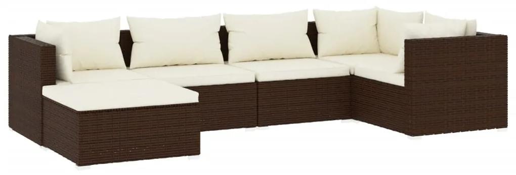 Set mobilier de gradina cu perne, 6 piese, maro, poliratan maro si crem, 3x colt + 2x mijloc + suport pentru picioare, 1