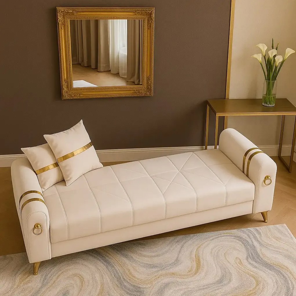 Canapea extensibila cu lada de depozitare 220x87x93 cm , bej si detalii aurii –Camara