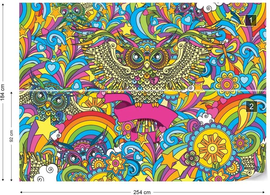 Fototapet GLIX - Colorful Owls Stars Rainbow Flowers + adeziv GRATUIT Tapet nețesute - 254x184 cm