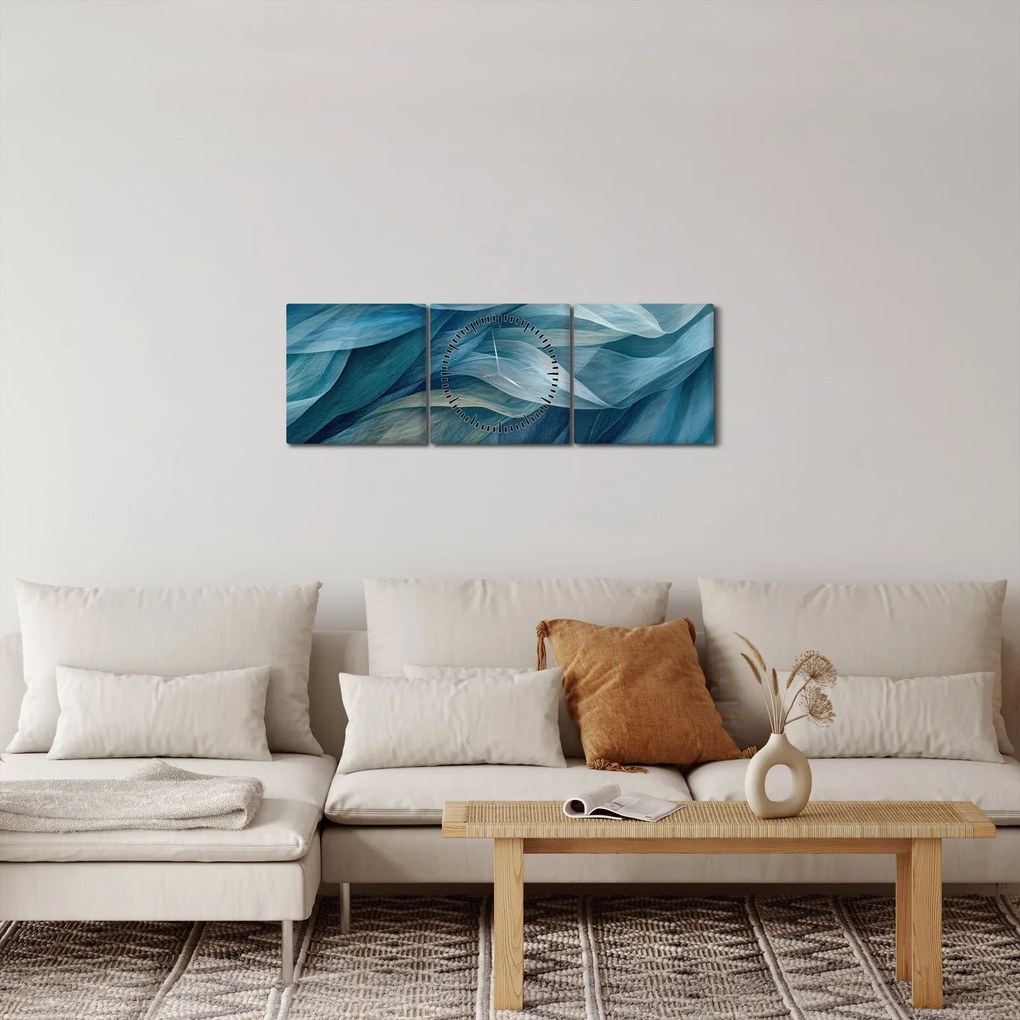 Tablou - Undele albastre și albe (cu ceas) (90x30 cm)