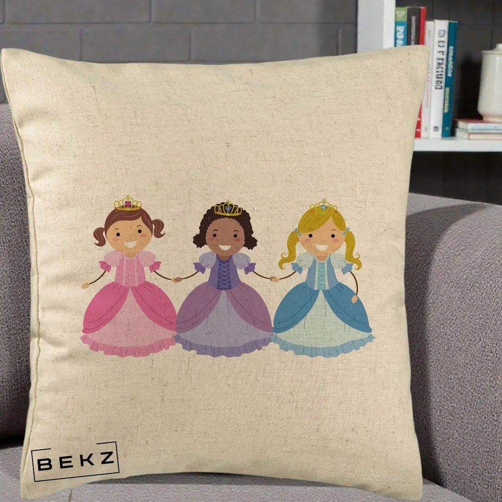Perna Personalizata Printese Diverse Ilustratie, 40x40 cm, Bej, Husa Detasabila, Perna Inclusa, BEKZ®