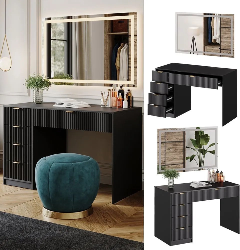 Masuta machiaj neagra cu Oglinda LED si 5 Sertare pentru Cosmetice, Set Masa toaleta 120 cm, masuta vanity cu Riflaj, cosmetica- SEN250