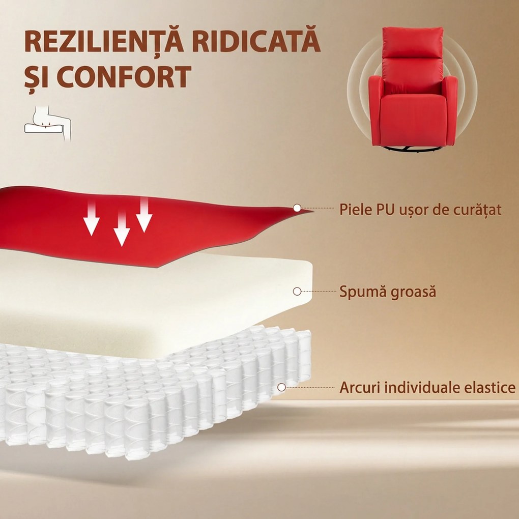 HOMCOM Fotoliu Masaj Reclinabil Cu Încălzire, Gireabil Din Piele PU Cu Suport Pentru Picioare și Telecomandă, Roșu | Aosom Romania