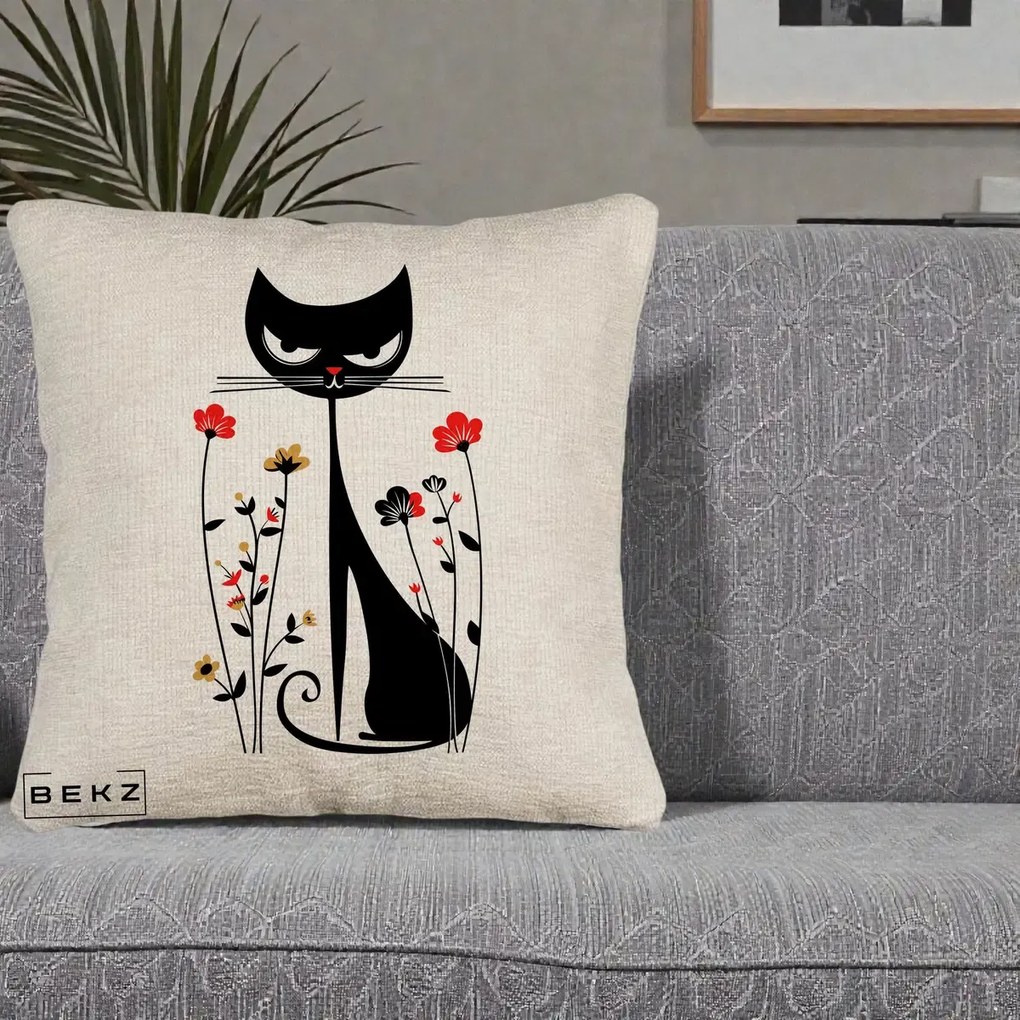 Perna Decorativa Pisica Neagra Grafica Flori Rosii, 40x40 cm, Bej Canapea, Husa Detasabila, Perna Inclusa, BEKZ®
